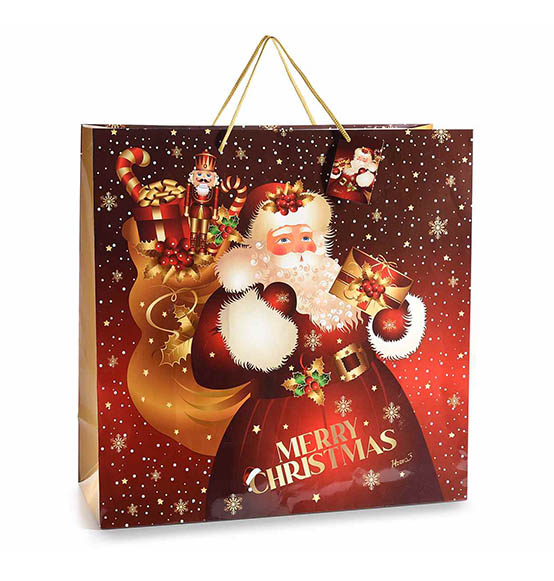 12Pz. Sacchetto regalo in carta colorata lucida con stampa natalizia e manici in cordoncino Linea \"Christmas Village\" cm. 40x16x40H